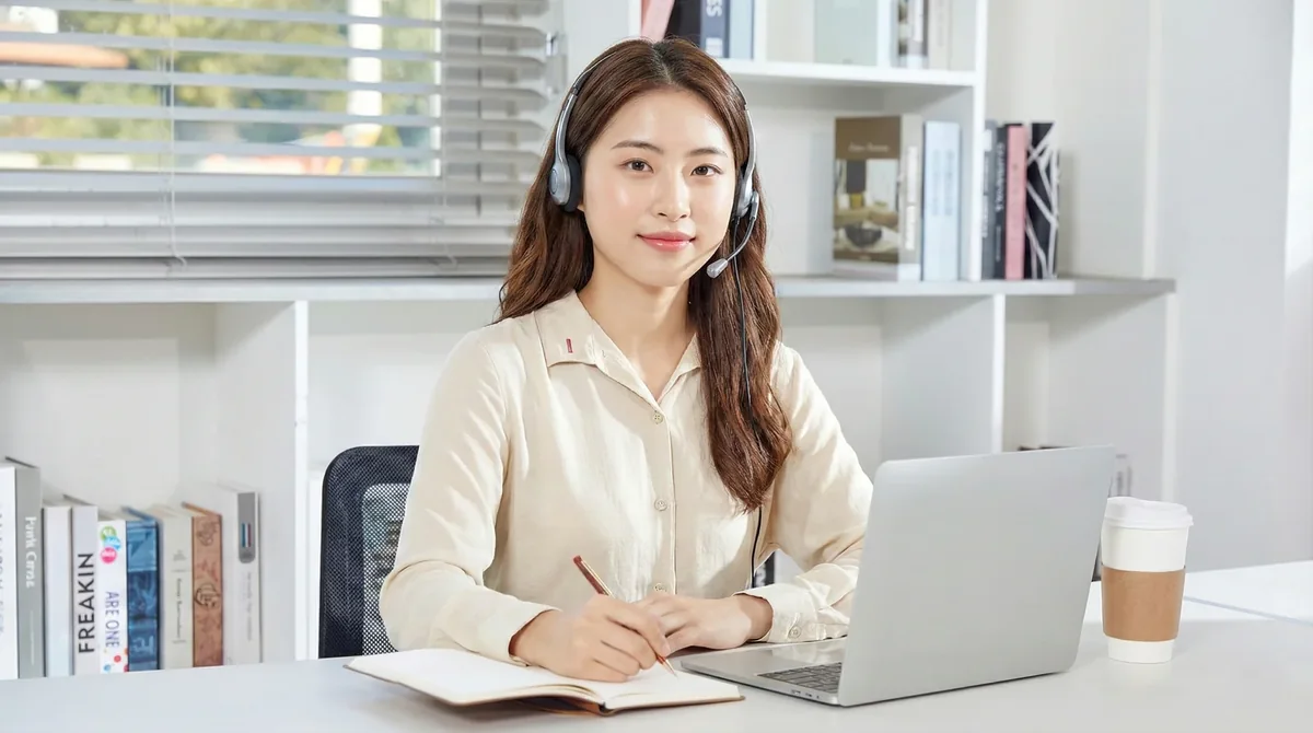 대구 일수 — 밝은 사무실에서 헤드셋을 끼고 상담 내용을 적는 상담원