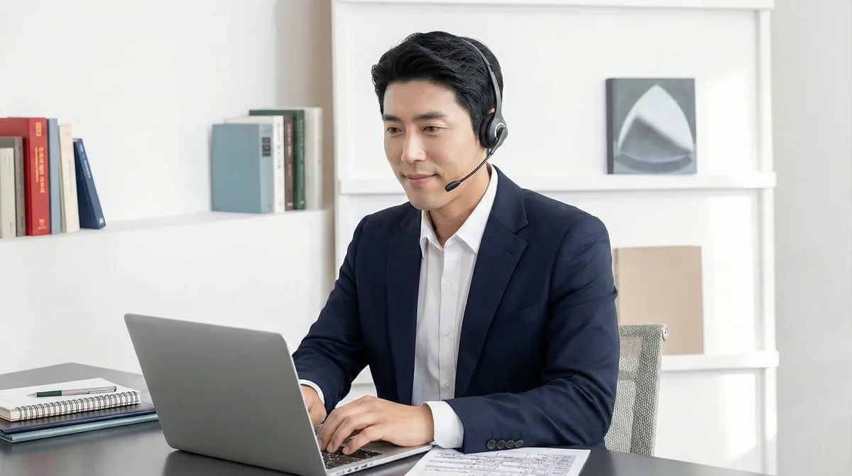 대구 일수 — 컴퓨터 앞에서 헤드셋으로 전화 상담을 받는 상담원